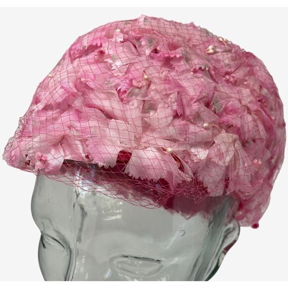 Vintage 60s Walter King Pink Floral Hat Fascinator with Netting Retro Millinery - Picture 1 of 11